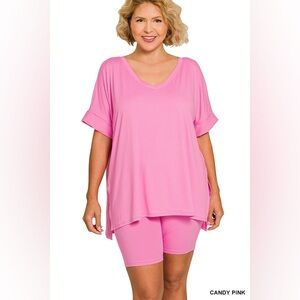 Zenana Plus BRUSHED DTY MICROFIBER V-NECK TOP & BIKER SHORT SET